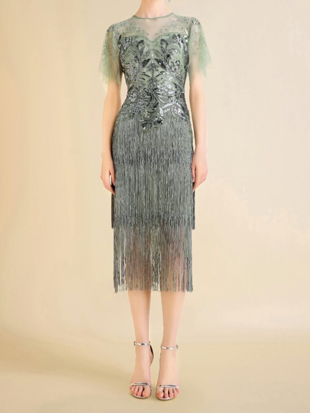 Sage Green Beaded Floral Fringe 1920s Inspired Dress